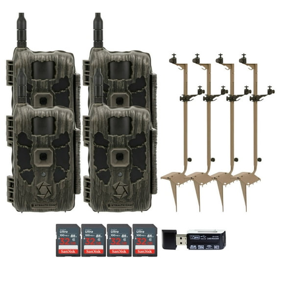 Stealth Cam 40MP Deceptor Max Cellular Trail Camera with 0.4-Second Trigger Speed (2-Pack) x 2 Bundle with Adjustable Mounting Post (4-Pack), Card Reader, and 32GB Memory Card (4-Pack) (11 Items)