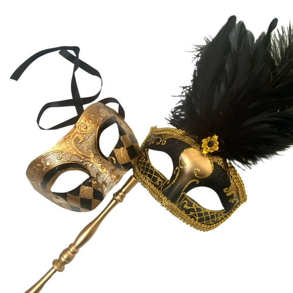 MASQ Couples Black Masquerade Stick Feather Mask with Handle Cosplay Dance Prom Birthday Mardi Gras Carnival Halloween Costume Dress up Cosplay Party