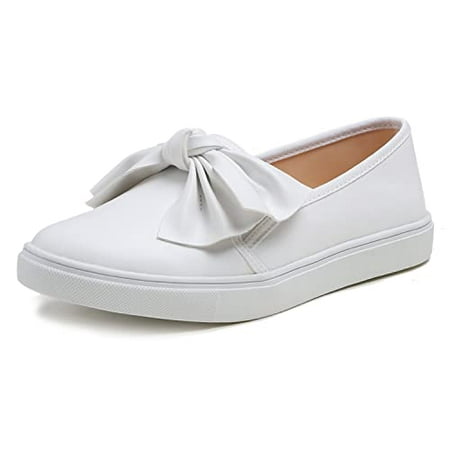 

Feversole Women s Casual Slip On Sneaker Comfort Cupsole Loafer Flats White Big Bow Vegan Leather Size 9 M US