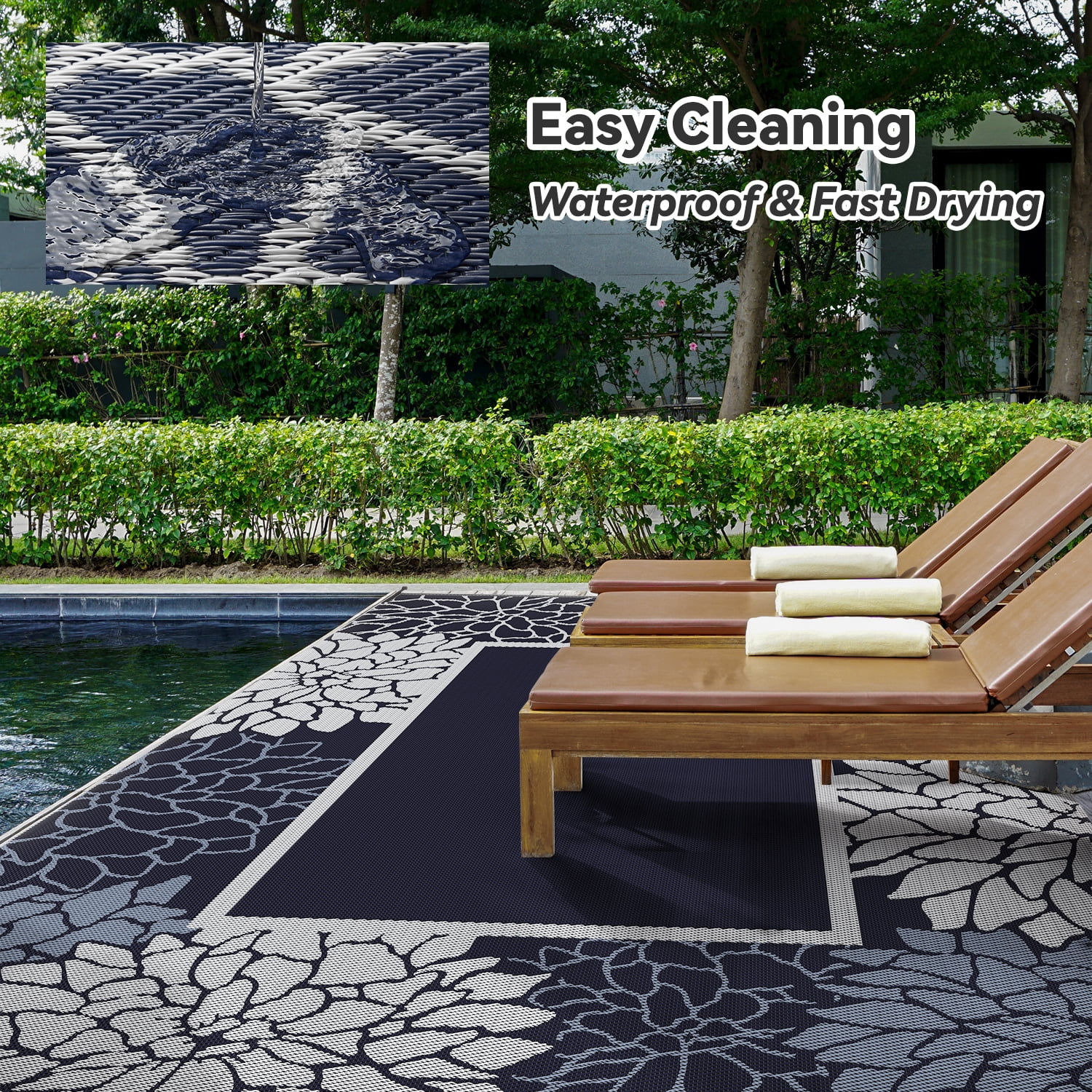SIXHOME Outdoor Rug 6'x9' Waterproof Reversible Patio Rug Floral Border Plastic Straw Indoor Outdoor Rug for RV Camping Garden Picnic Beach Deck Backyard Porch Decor Blue and Gray
