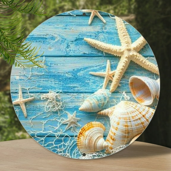 1pc Ocean Inspired Summer Welcome Board-round Wooden Door Pendant with Blue Bay, Starfish and Navy Net Decoration, 8X8inch Country Wall Hanging Decoration, Suitable for Porch Or Indoor Space, Beach Th