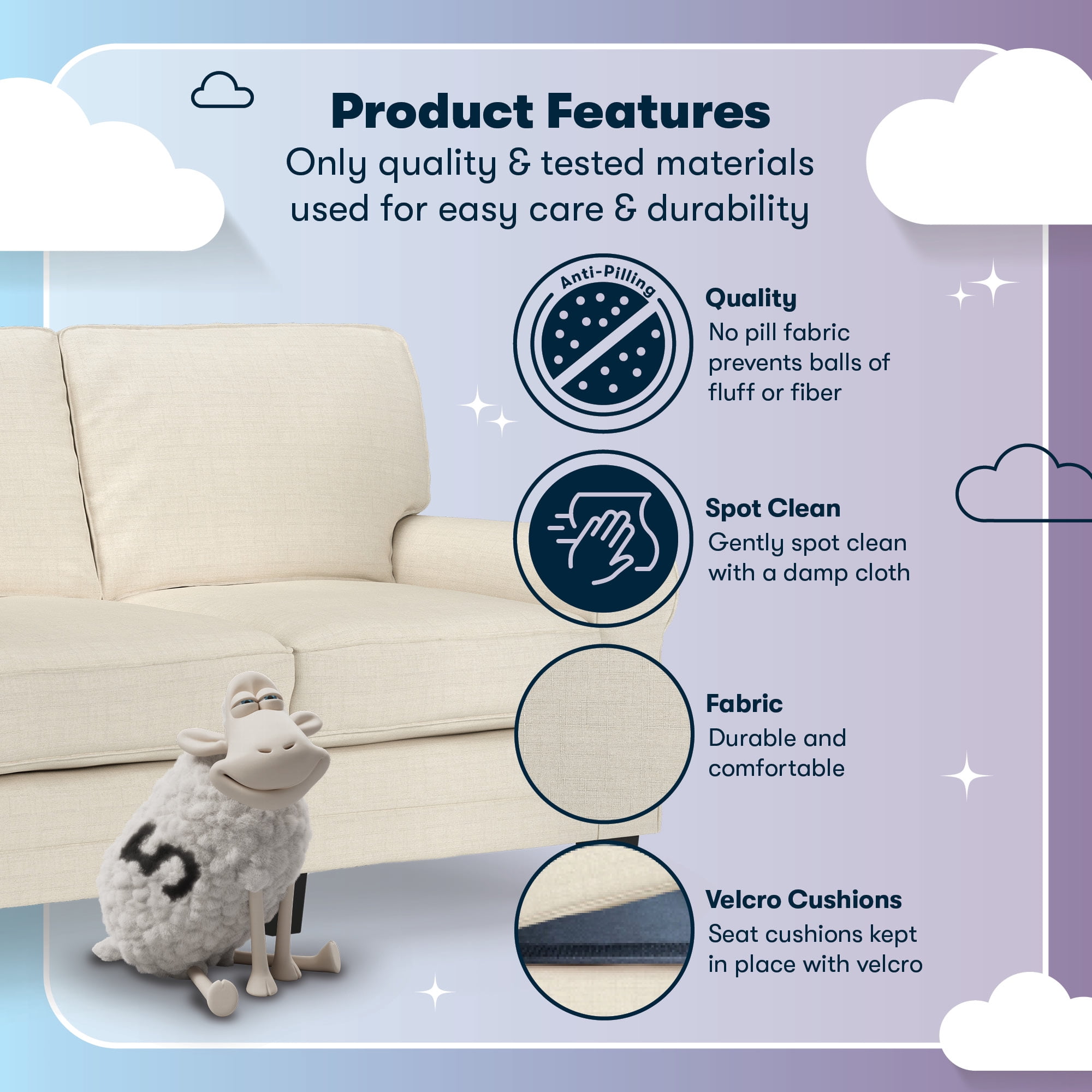 Serta Copenhagen 61" Rolled Arm Sofa, Easy Care Polyester,  Loveseat or Couch for Small Spaces, ButterCream