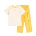 thumbnail image 3 of Kids 2 Piece Lounge Outfits Short Sleeve Crew Neck Tees Elastic Waist Pants Soft Comfy Loose Homewear Set (12-13 Years, Yellow|Block), 3 of 5