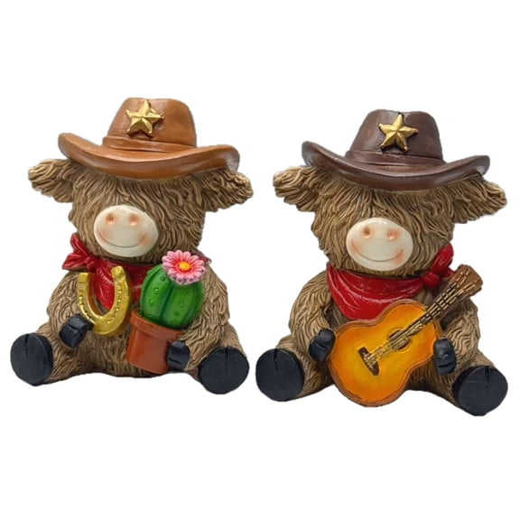 2-Piece Resin Bull Statue with Guitar Design - Western Cowboy Figurine for Home, Garden, Patio Decoration, Party Prop, or Unique Gift Idea