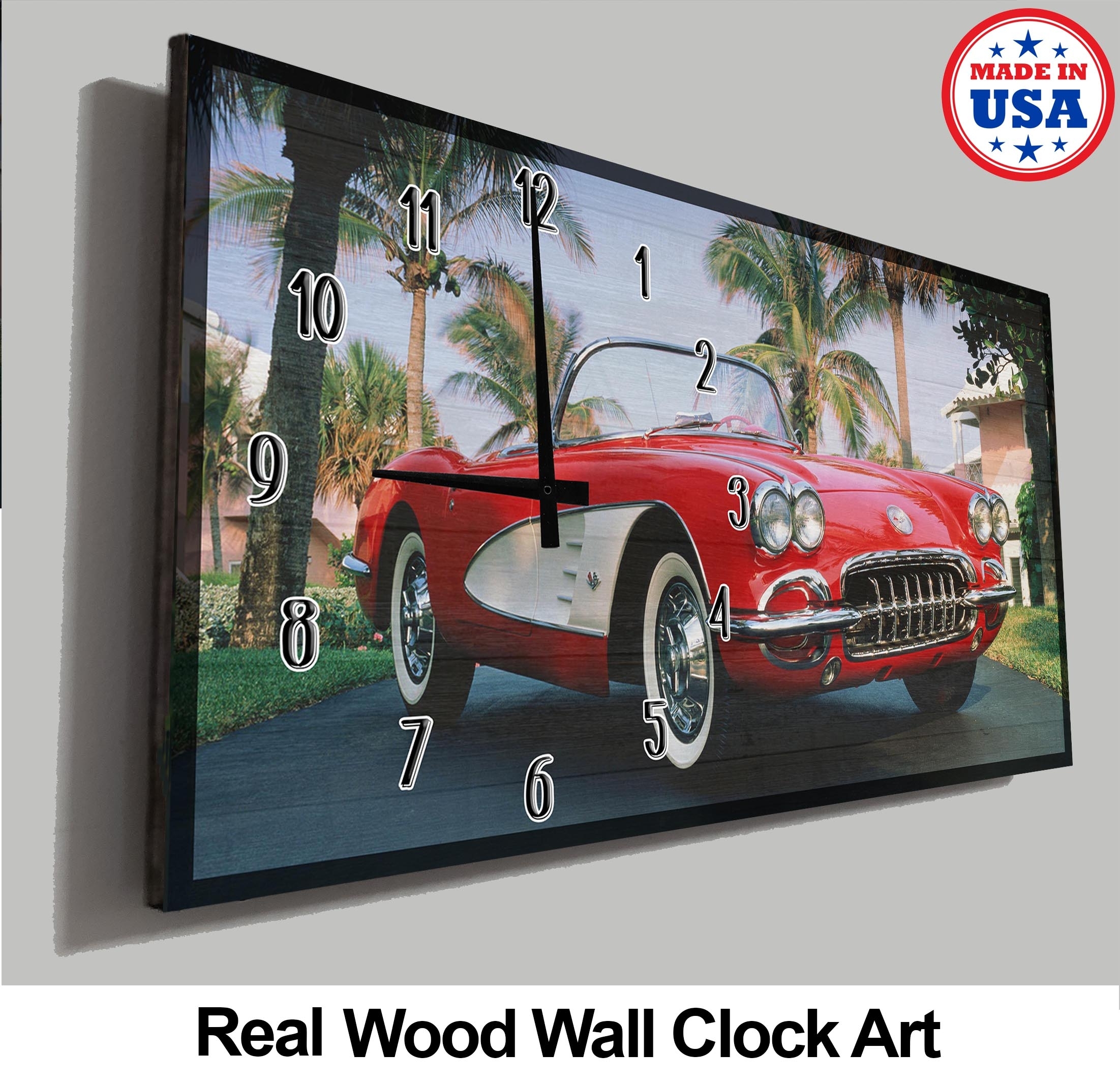 Car Clocks For The Wall Red And White Classic Car With Palm Trees Man