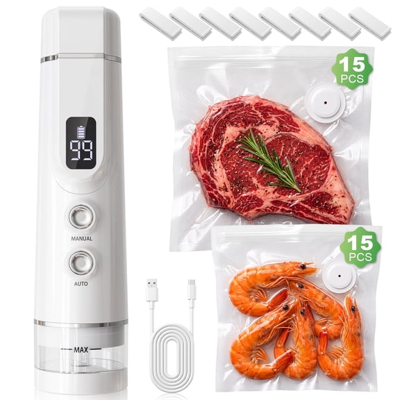 Compact Vacuum Sealer for Food, 1800mAh Rechargeable Powerful Handheld Vacuum Sealer Machine with 30 Reusable Bags, Portable and Cordless Food Sealer for Meat, Vegetables, Fruits, Grains