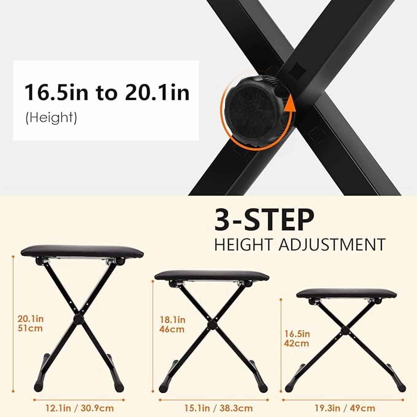 Geemuslly Keyboard Bench X-Style Height Adjustable 16.3-19.6in Padded Cushion Piano Stool Bench Keyboard Chair for Keyboards Piano