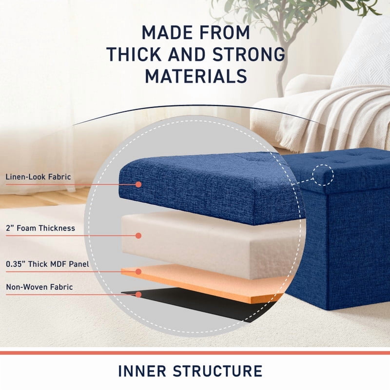 Ornavo Home 2 Pack 15 Inch Folding Storage Ottoman with Storage, Square Cube Linen Small Storage Ottoman Foot Rest Stool - Navy Blue
