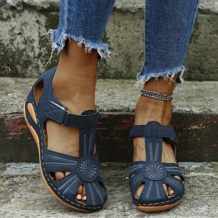 

YOTAMI Womens Hollow Out Comfy Sandals Slide Slope Heeled Beach Casual Shoes Blue 6