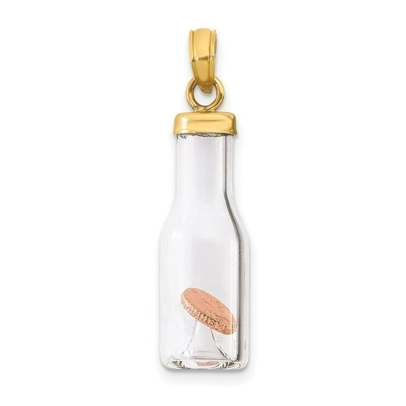 Auriga Fine Jewelry 14K Yellow Gold 3-D Mini Penny in Glass Bottle Pendant for Women (L-32mm, W-8mm)