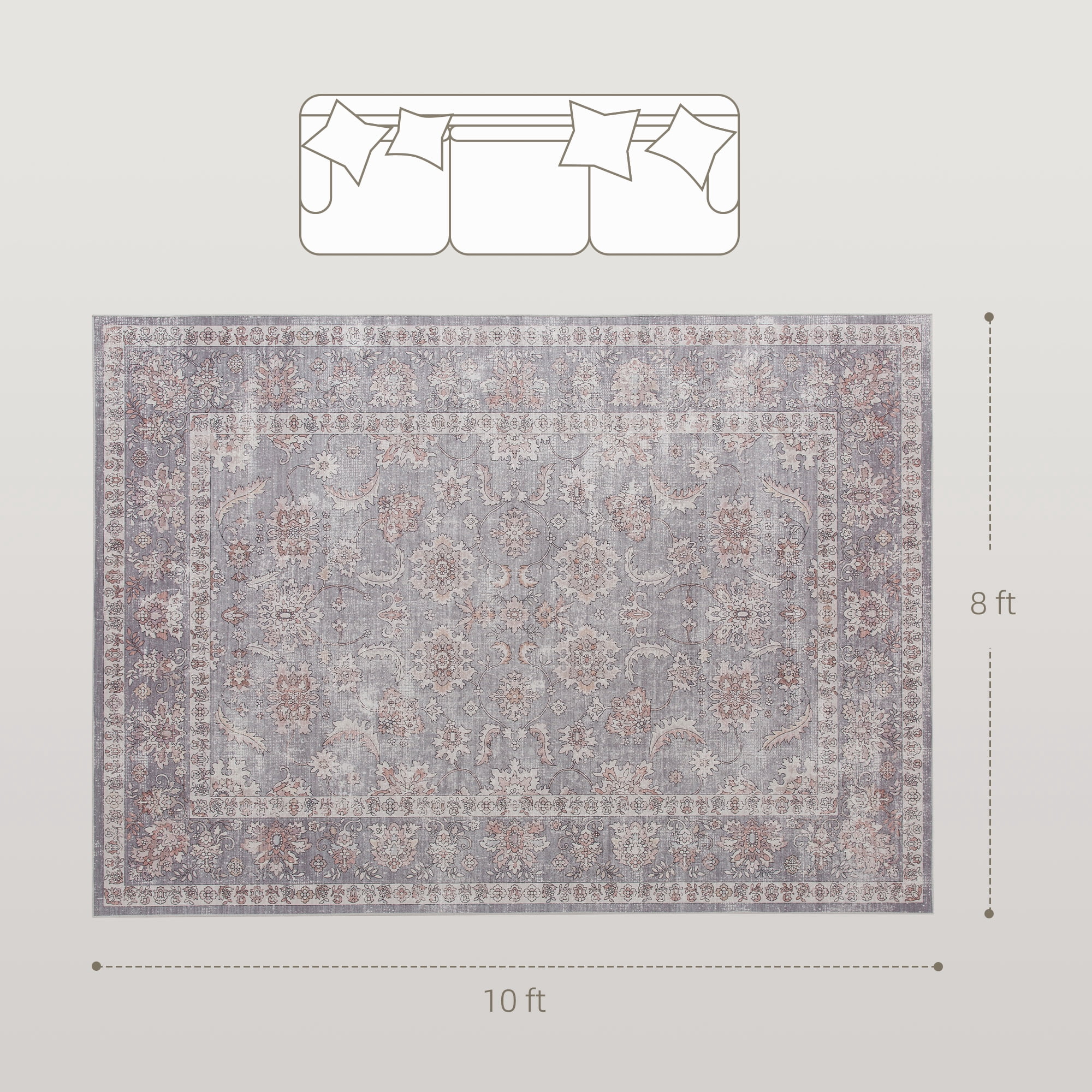 HOMCOM Machine Washable Area Rug 8x10, Non-Slip Traditional Flower Print Floor Carpet for Living Room, Bedroom, Dining Room, Grey and Brown