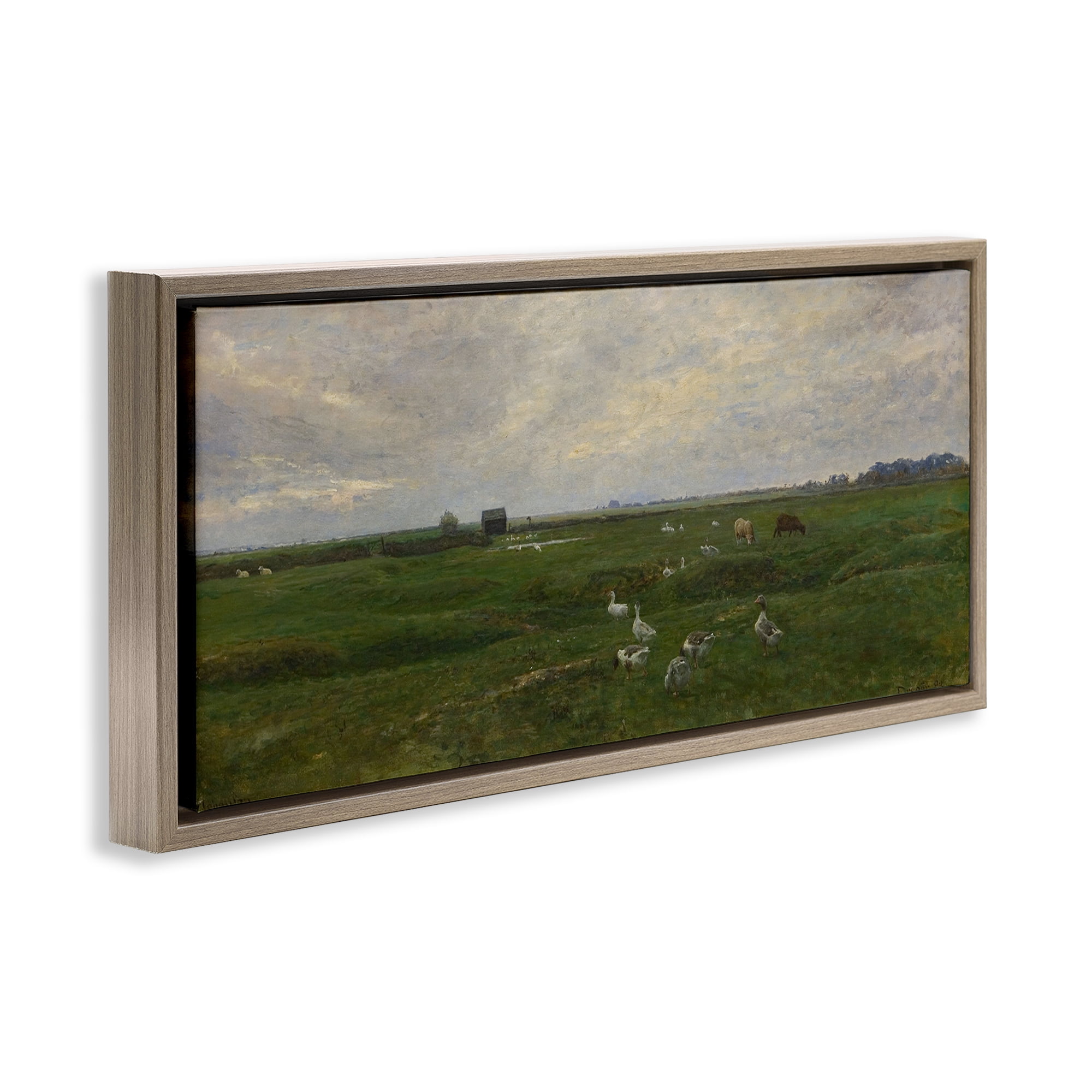 Stupell Industries Grazing Ducks & Horses Landscape & Nature Painting Brown Floater Framed Canvas Art Print Wall Art, 31 x 14