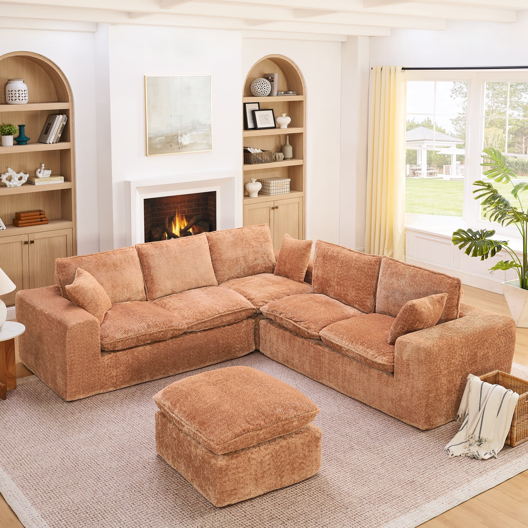 107" Modular 6 Seats Sectional Sofa Boucle Cloud Couch L Shape with Ottoman Deep Seat Comfy Living Room Sofa with Pillows, No Assembly, Orange
