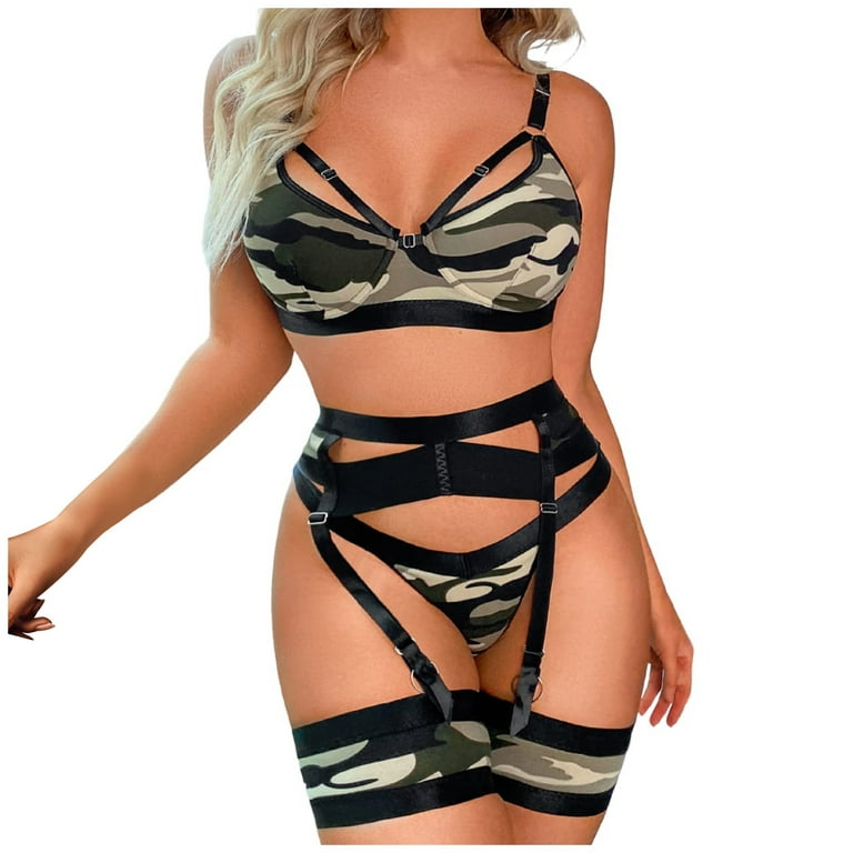 EHTMSAK Women's Lingerie Set Strappy Sexy Babydoll Camouflage Lingerie with  Garter Bra and Panty Set 3 Piece Camouflage 2XL