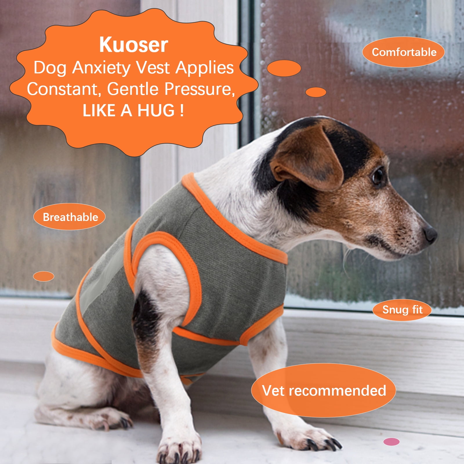 Kuoser Dog Anxiety Vest, Soft and Reflective Calming Shirt for Dogs, Breathable Pet Anxiety Jacket Wrap for Fireworks, Thunderstorms, Separation, Travel, Gray, Small