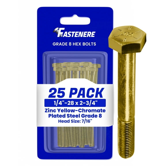 Fastenere 1/4"-28 x 2-3/4" Hex Bolts Grade 8 Zinc Yellow-Chromate Plated Steel, Partial Threaded Durable Hex Bolts for Machinery & Construction, Rust-Resistant, Heavy-Duty Fasteners, Pack of 25
