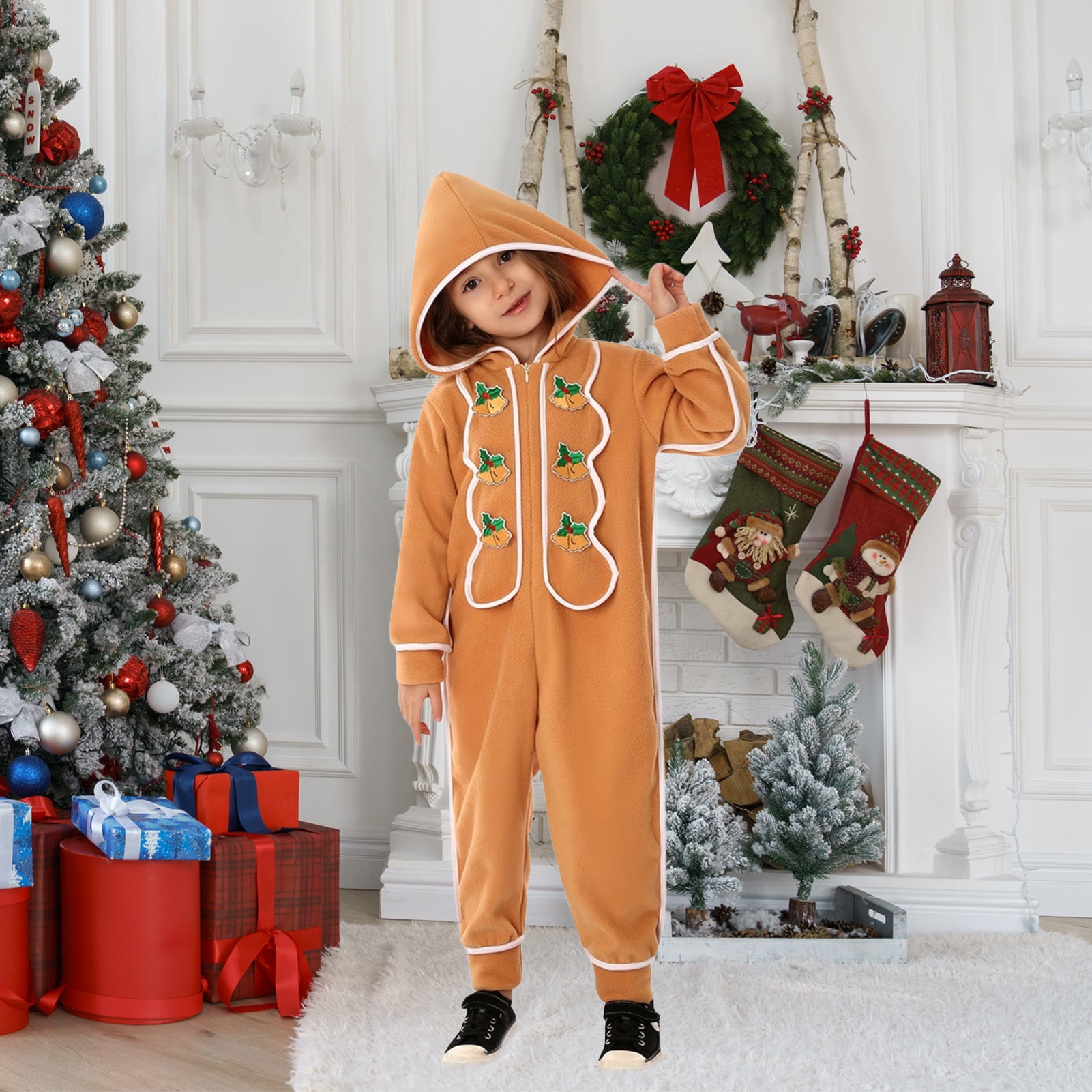 Farfi Christmas Onesie Costume for Kids Gingerbread Man/Santa/Green Elf Cosplay Outfit Unisex Plush Bodysuit for Halloween Christmas Carnival Festival(Green, L)