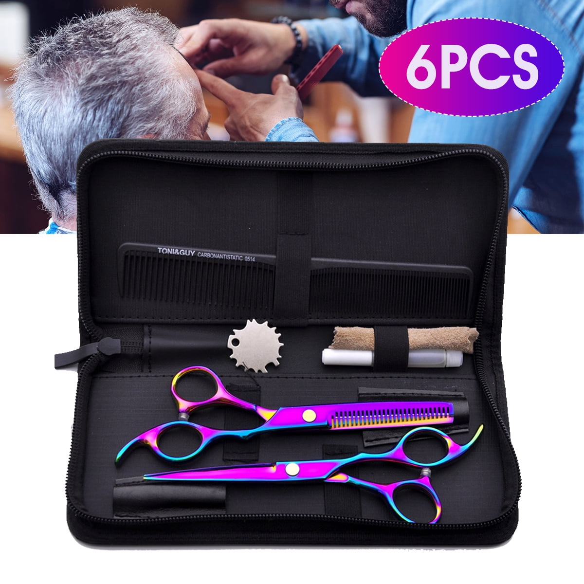 6pcs Hair Cutting Scissors Thinning Shears Comb Clips Scissors Wallet