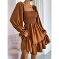 thumbnail image 6 of Women'S Square Neck Lantern Long Sleeve Ruffle Shirred Flowy Party Mini Dress Light Brown XL, 6 of 9