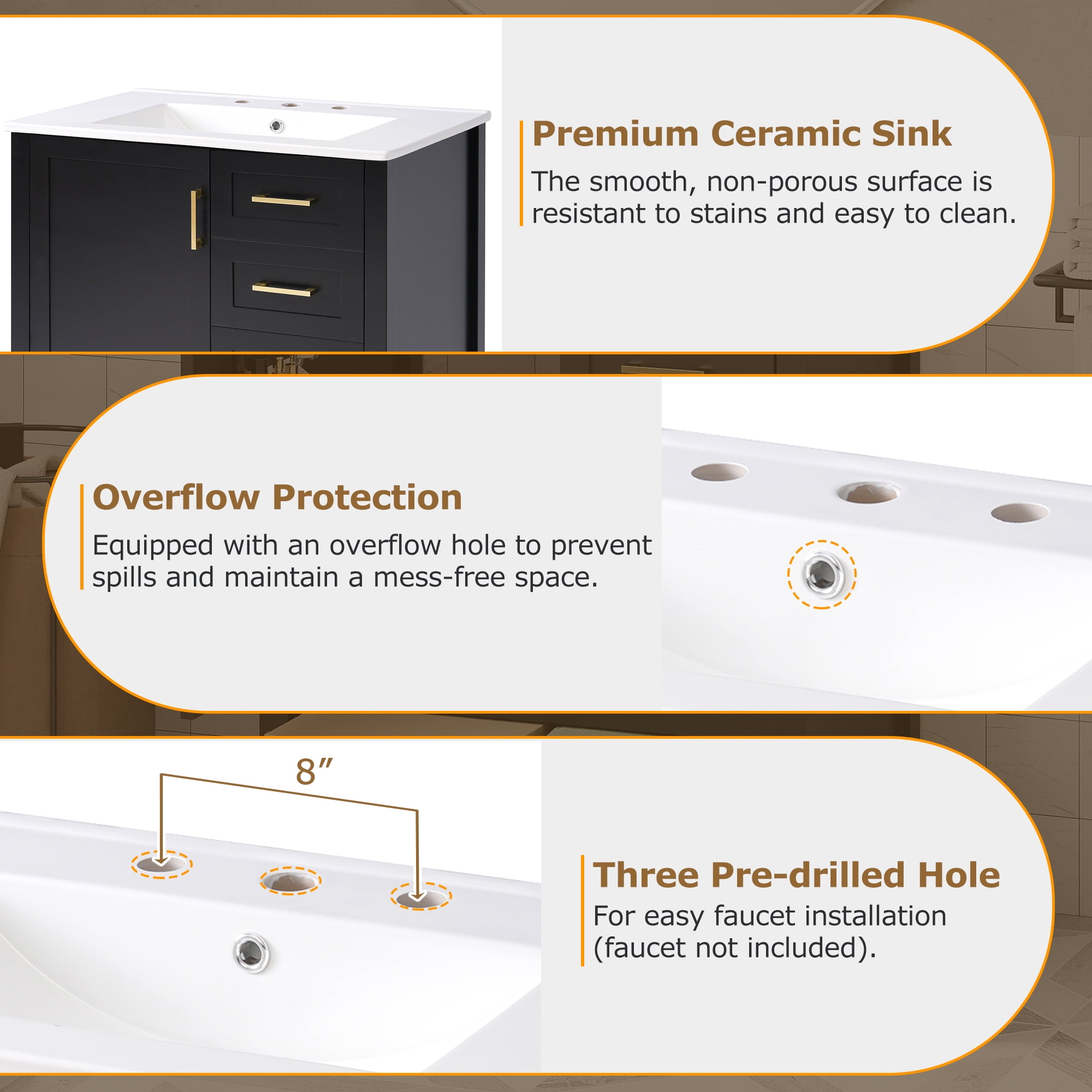Euroco 30" Black Bathroom Vanity with Sink Combination Set, Bathroom Storage Cabinet with Soft Close Door, 3 Soft Close Drawers and Removable Tray, Solid Wood Frame
