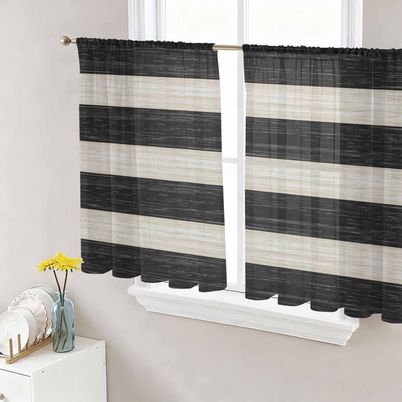 Black White Striped Sheer Curtains 54 Inch Length 2 Panels Set Window Treatments, Farmhouse Vintage Shabby Chic Wood Grain Rod Pocket Semi Curtains for Living Room/Bedroom/Kitchen, 104"W x 54"L