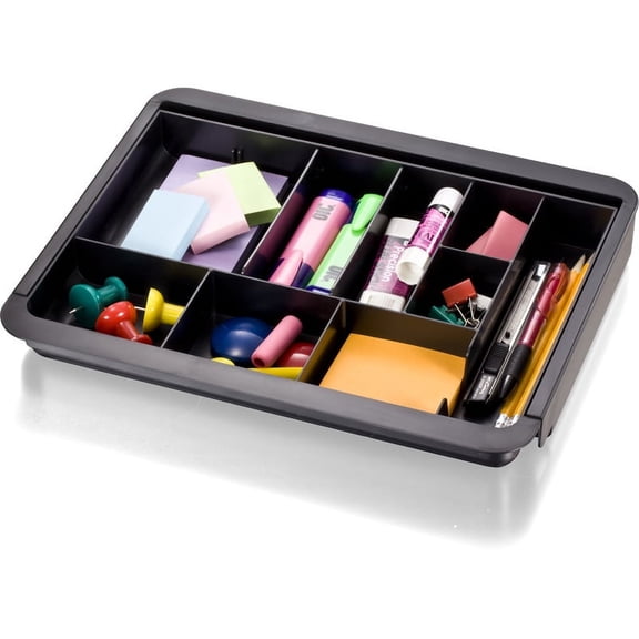 Officemate Expandable Drawer Organizer Tray, Adjustable 10.3"–16" Width, Customizable Compartments with Dividers, Recycled Plastic, Black