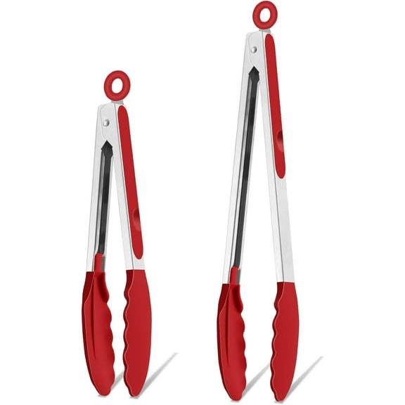 Kitchen Tongs, 9" and 12" Stainless Steel Cooking Tongs with Silicone Tips for Cooking Grilling Serving & BBQ, Heat Resistant Silicone Tongs, Locking Design & Dishwasher Safe, Set of 2 & Red