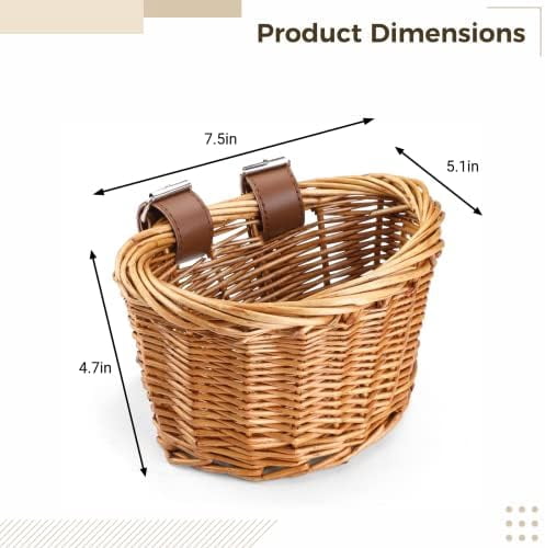 Kids Bike Basket with Adjustable PU Belts, Wicker Bike Baskets Handmade Woven Rattan Bike Basket Front Handle Children Bike Basket for Children Bicycle Accessories