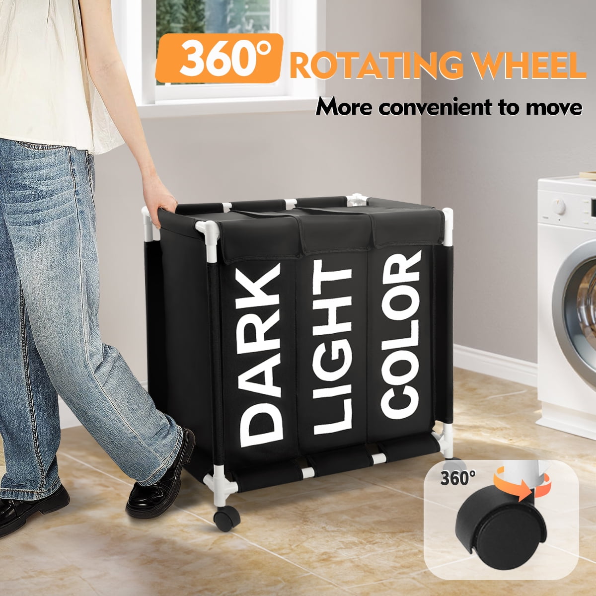 Laundry Hamper,Laundry Basket with Wheels and Lids,Brochao 150L 3 Section Laundry Sorter Cart,Laundry Bag for Clothes Toys Storage,Black