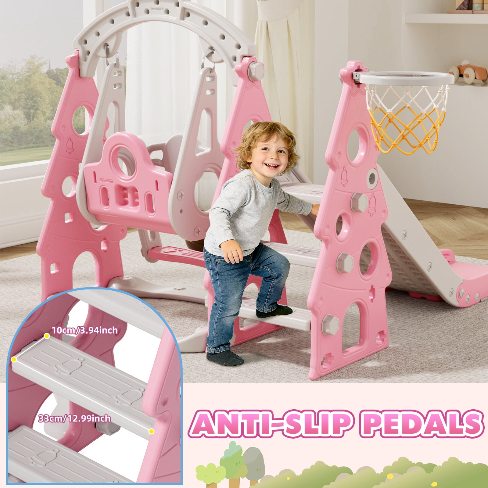 XJD 4-in-1 Toddler Slide and Swing Set, Kids Indoor Outdoor Playset with Basketball Hoop, Backyard Playground for Toddlers 1-3 Years Old, Pink