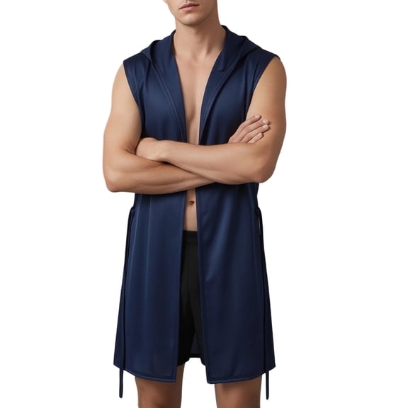 Landzoo Homewear For Men One Piece Solid Color Sleeveless Bathrobe Summer Lightweight Casual Homewear For Men Size L Blue
