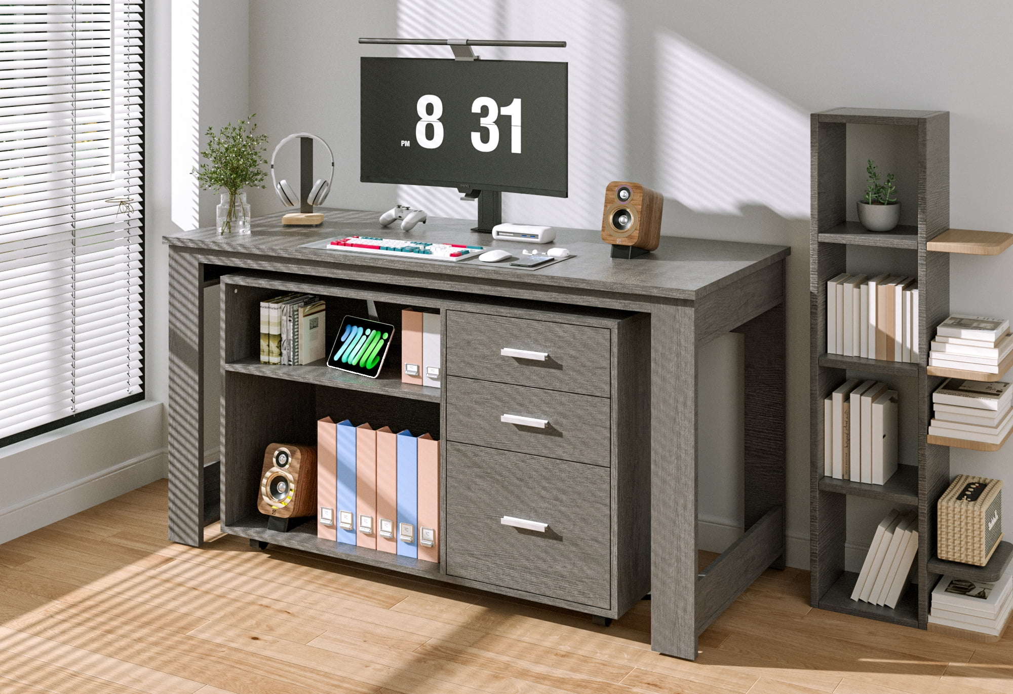 Tolead L-Shaped Lap Desks with Drawers and 2 Shelve, 55 inch Reversible Corner Computer Desks, Black