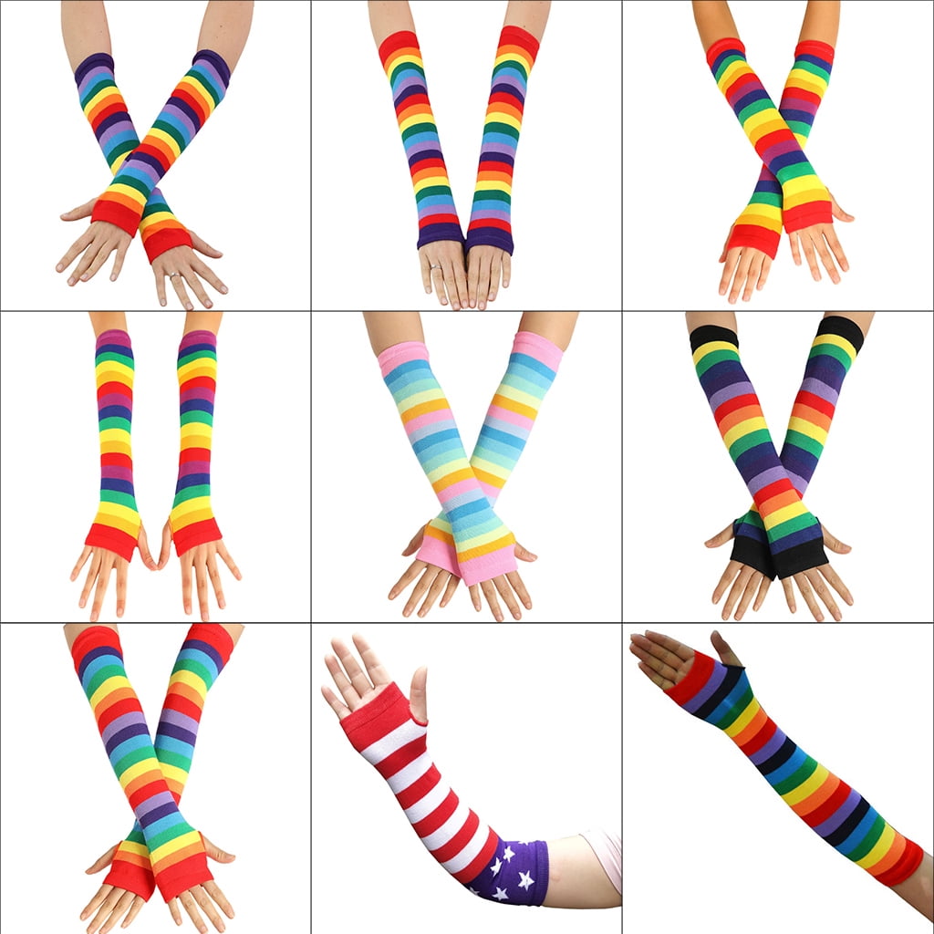 lanema Rainbow Stripe Arm Warmers Knit Thumbhole Stretchy Long
