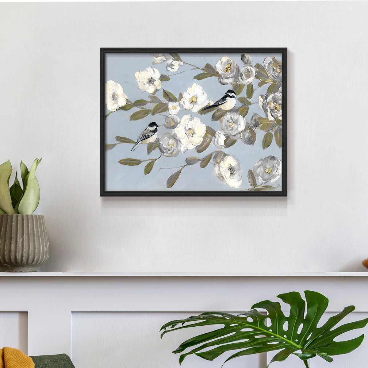 Chickadees and Blossoms I by Sally Swatland - Restickable Framed Giclée Print