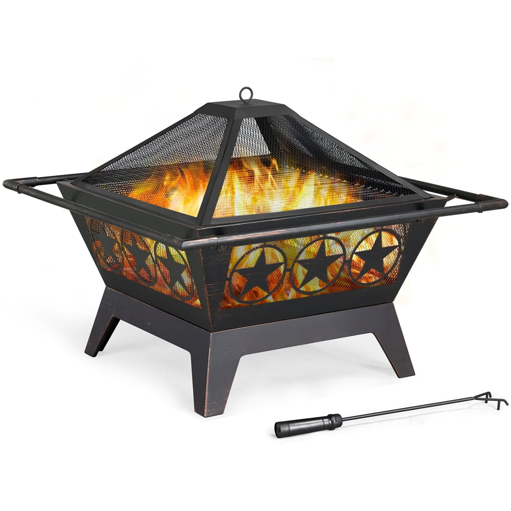 Lacoo 32 Patio Square Fire Pit Table for Patio Backyard BBQ Ice Storage with Mesh Lid Poker and Cover Black