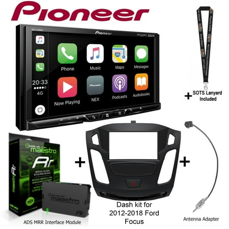 Pioneer MVH-1400NEX 6.2" Digital Multimedia Receiver, iDatalink Maestro KIT-FOC1 Dash kit for 2012-2018 Ford Focus, ADS-MRR Interface Module and BAA22 Antenna Adapter and a SOTS Lanyard