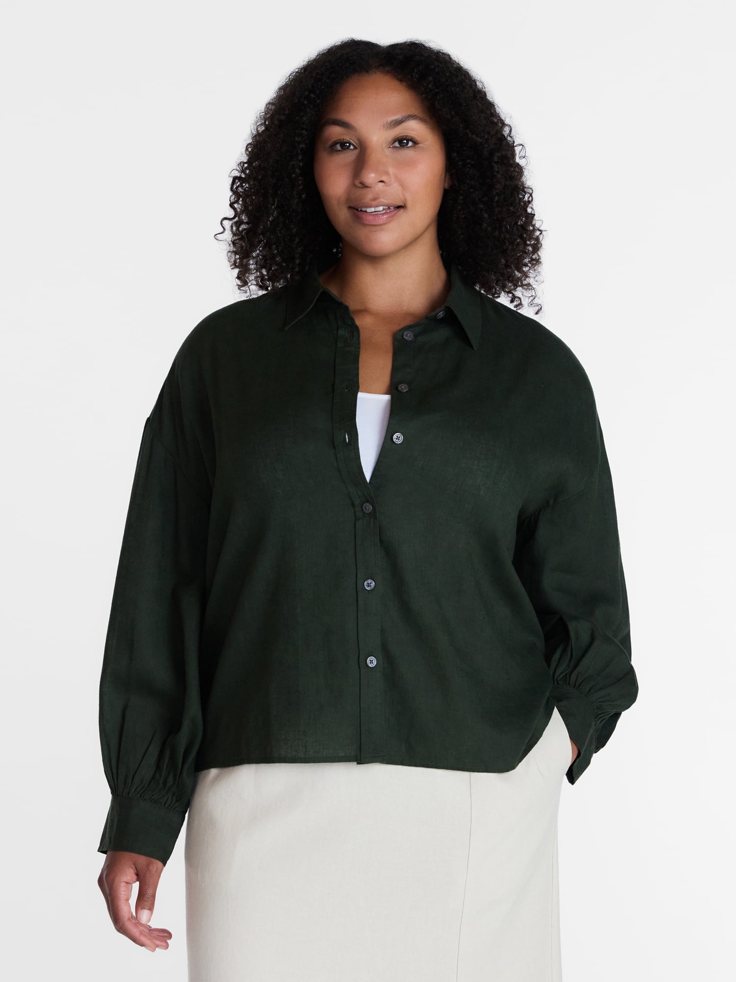 Time and Tru Women's Linen Blend Button Front Cropped Top with Long Sleeves, Sizes XS-XXXL