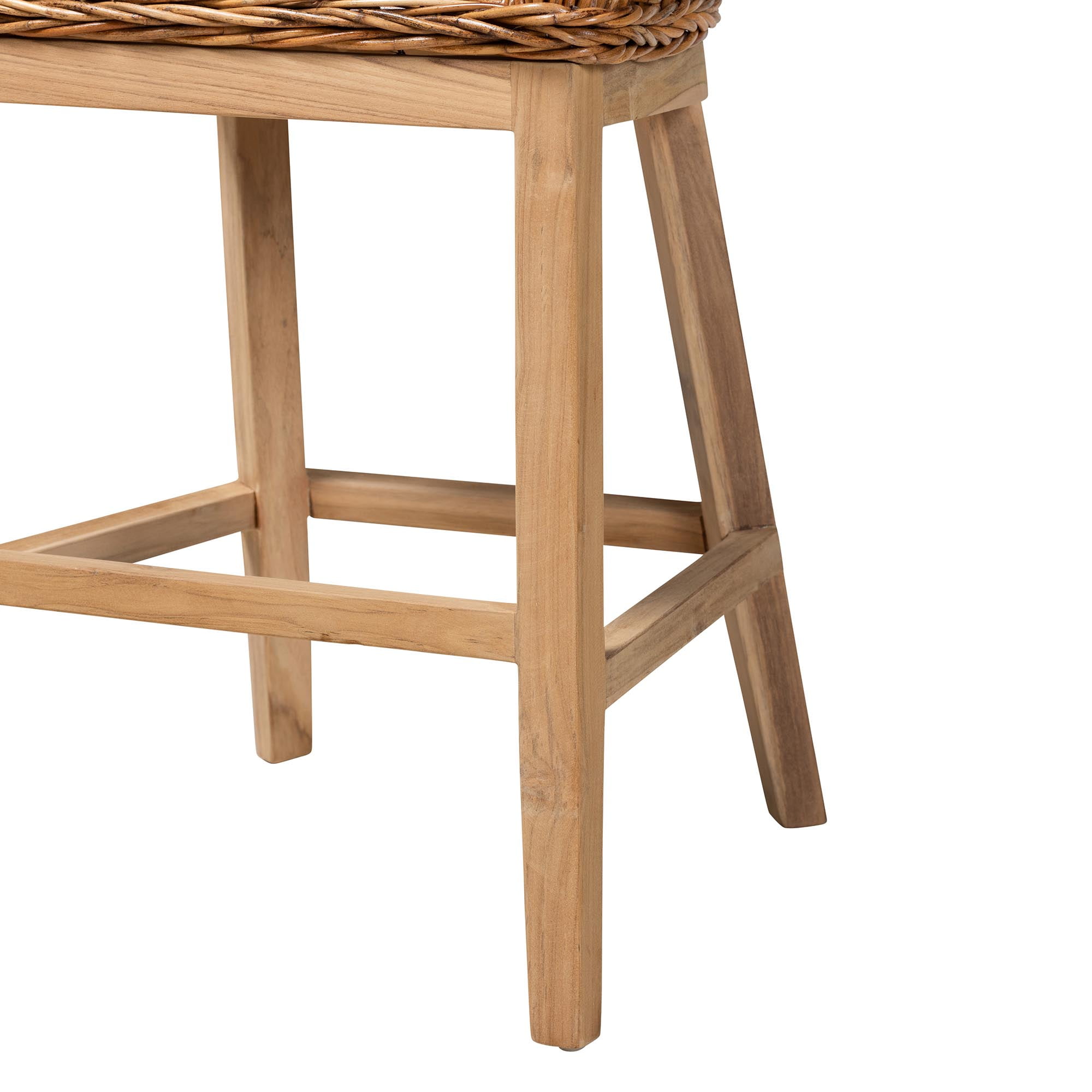 bali & pari Mario Modern BoHo Natural Brown Finished Teak Wood and Rattan 2-Piece Counter Stool Set