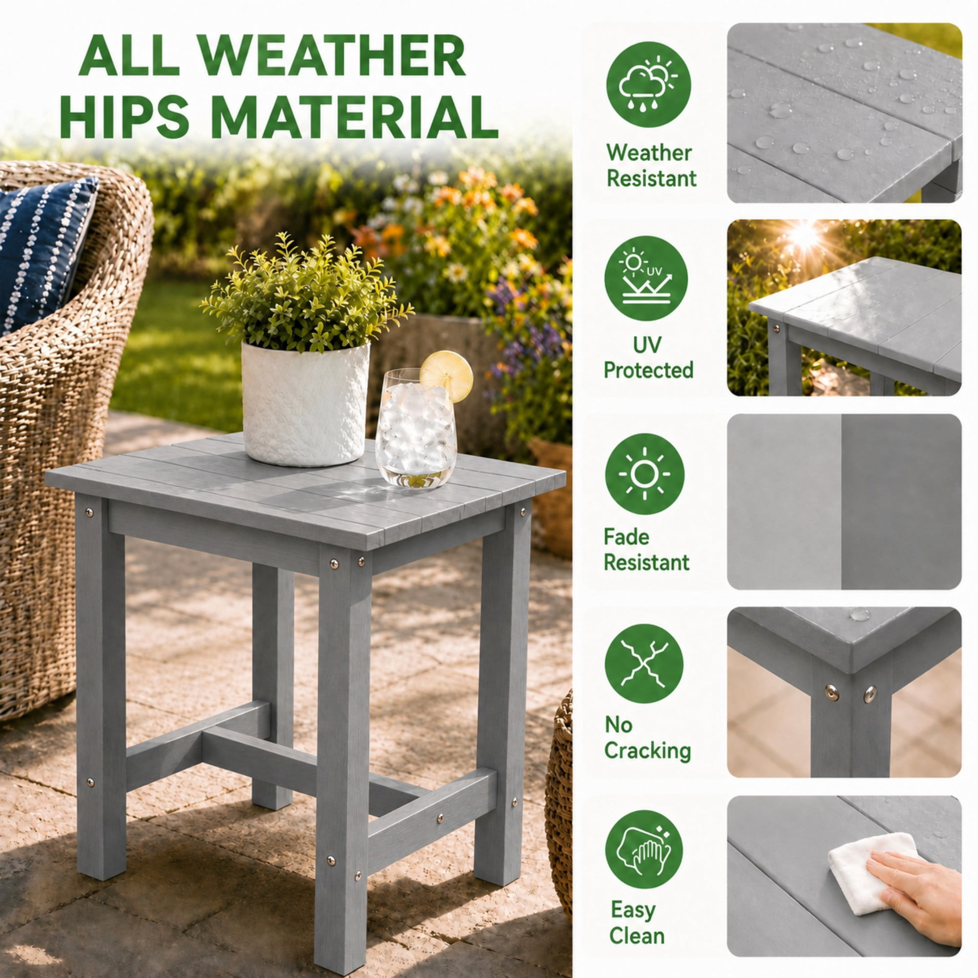 Y&M Outdoor Side Table, HDPE Patio End Table for Adirondack Chair, Weather Resistant Small Accent Table, Gray, Single Layer