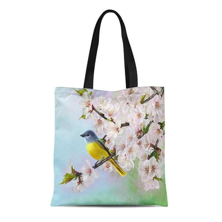 ASHLEIGH Canvas Tote Bag Blue of Yellow Bird on Branch Cherry Gray Reusable Shoulder Grocery Shopping Bags