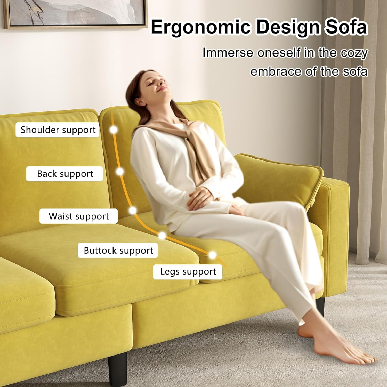 Kinbor Multi-Functional 3-Seater Sofa Chair, Modern Accent Chairs Comfy Living Room Chair with Cushions & Side Pocket, Yellow