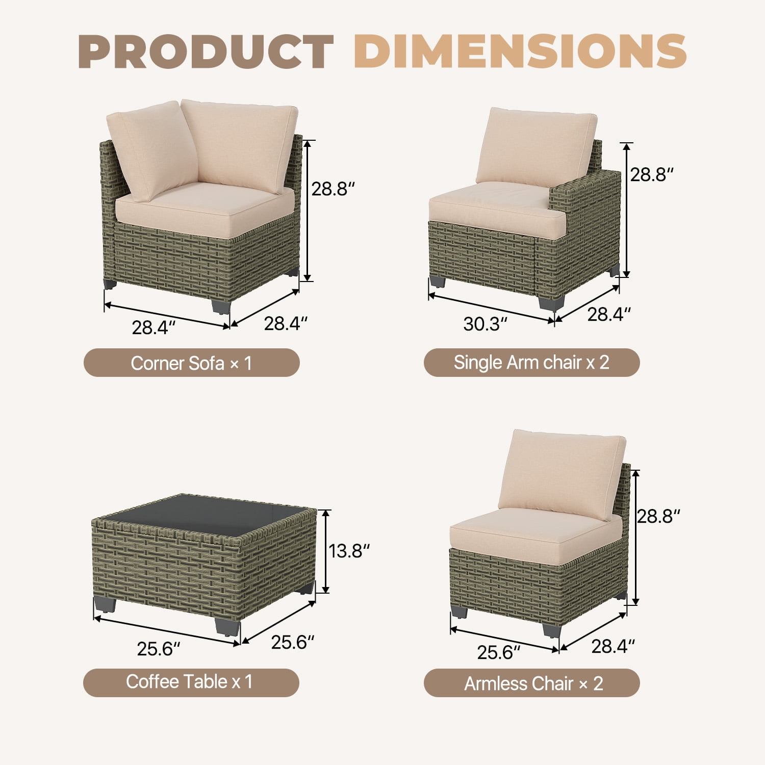 BaPiPro 6-Piece Outdoor Rattan Modular Sectional Sofa Set with High Resilience Beige Cushions and Easy-Clean Tempered Glass Coffee Table, Flexible Configuration for Garden, Backyard & Patio