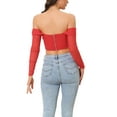 thumbnail image 3 of INSPIRE CHIC Mesh Sheer Long Sleeve Corset Crop Top for Women Ruched Off Shoulder Blouse Push Up Party Boned Bustier M Red, 3 of 6