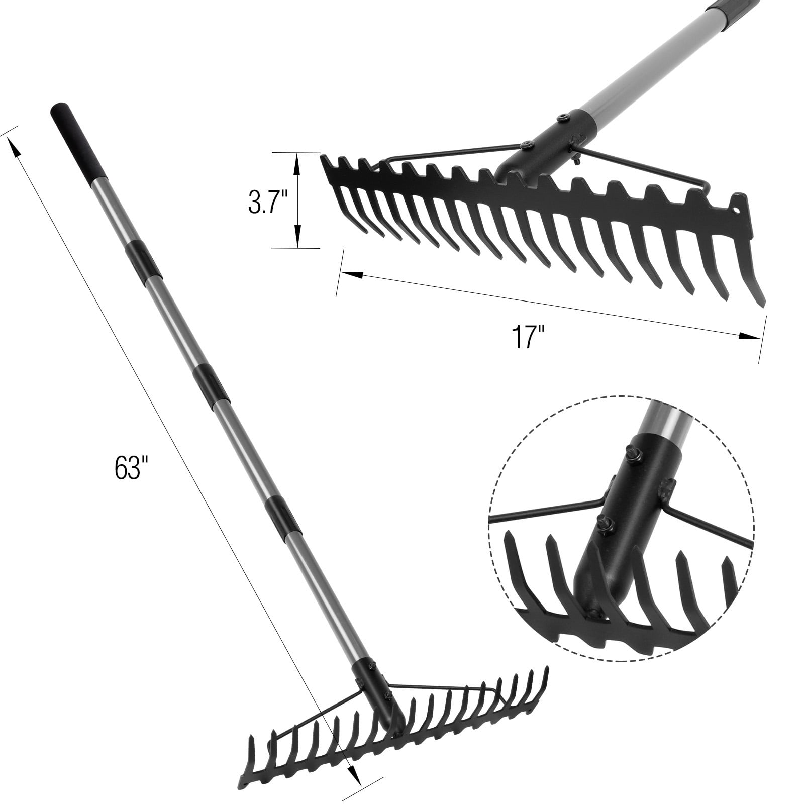 Walensee 5FT Bow Rake, 17 Steel Tines Metal Head Heavy Duty Garden Rake