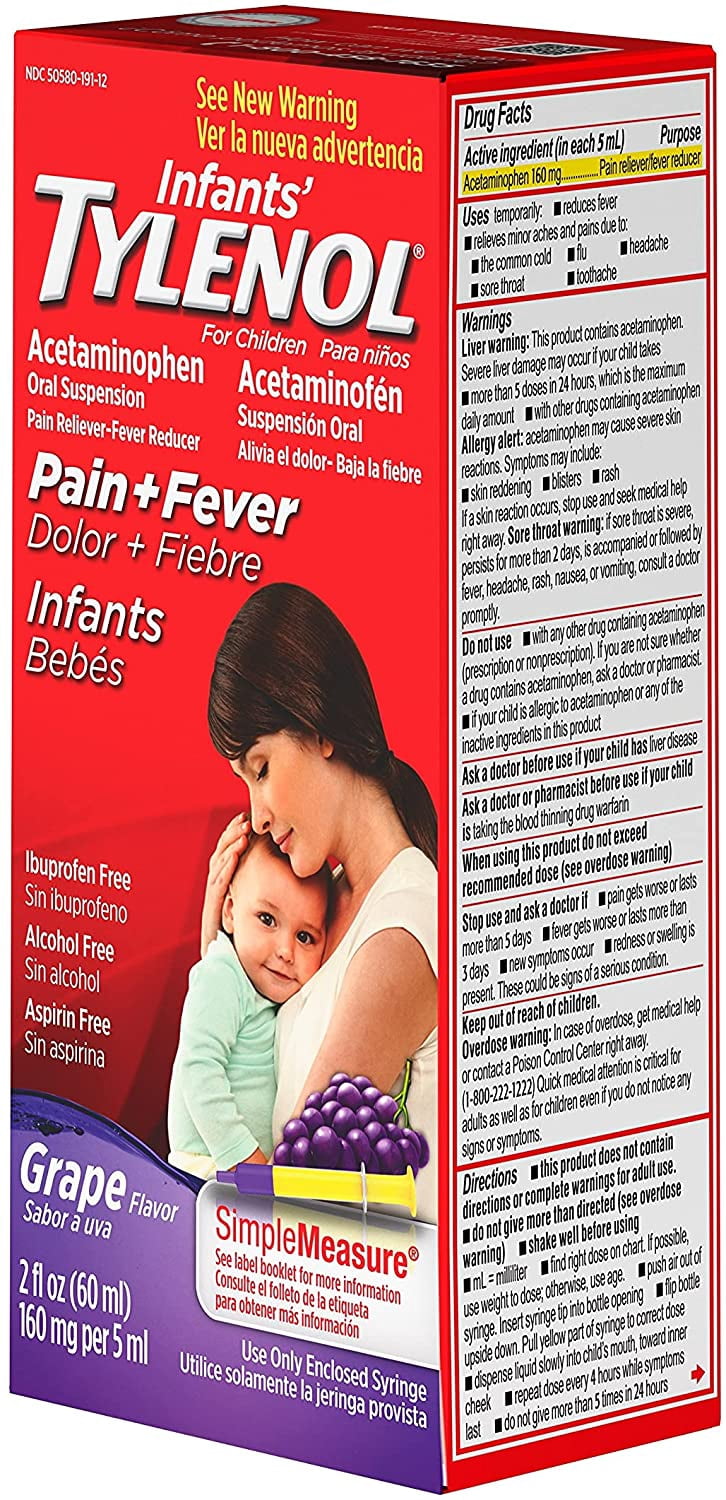Tylenol Infants Pain + Fever Relief Oral Suspension, Grape, 2 oz, 2-Pack