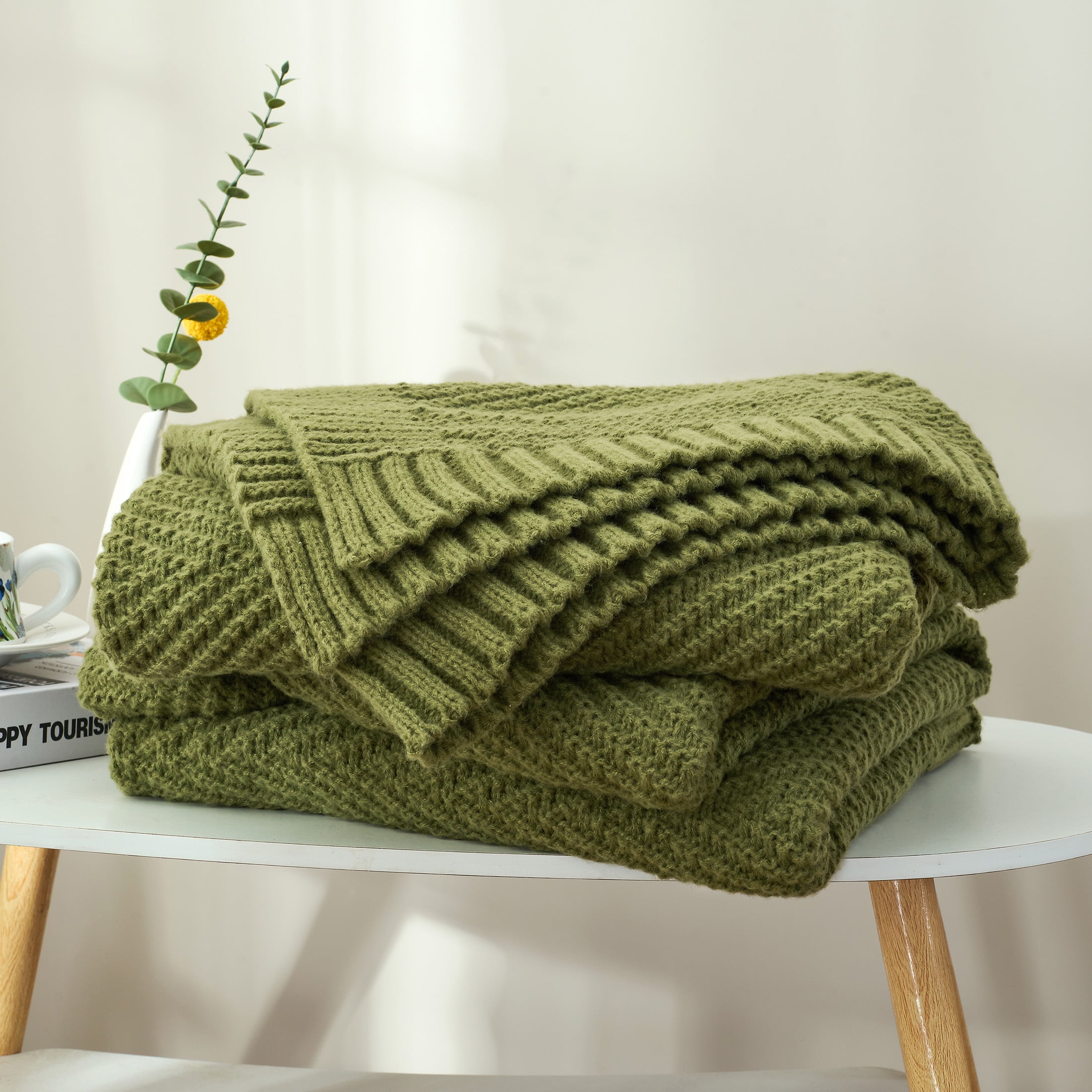 LONG CREATE Soft Knitted Throw Blanket 50" x 60" Olive Green, Boho Chevron Farmhouse Throw for Bed Couch