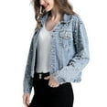 thumbnail image 3 of Women'S Pearl Denim Jacket Cropped Rhinestones Jean Jacket Coat Light Blue M, 3 of 8