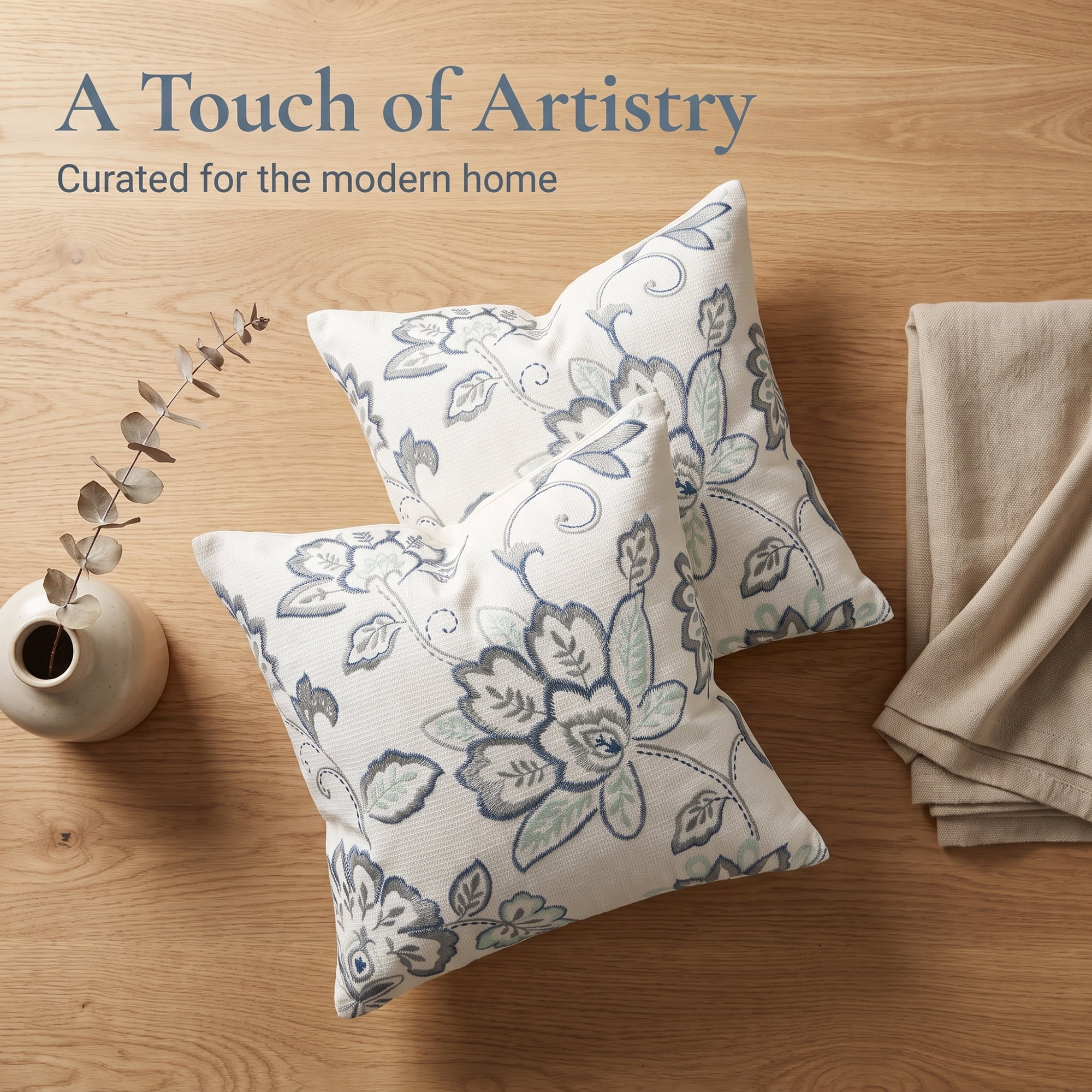 Unique Bargains Embroidered Floral Throw Pillow Cover Rustic Cushion Case Blue 18"x18"