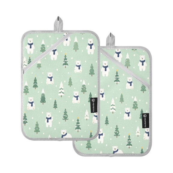 Two Pieces Of Square Heat Insulation Pad Oven Mitts White Bear Christmas Tree 7x9.8 Inch Oven Microwave Kitchen Cooking Baking