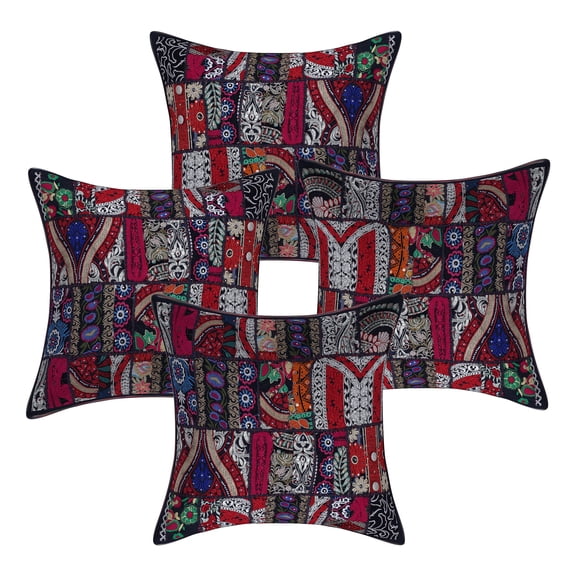 Stylo Culture Indian Cotton Decorative Throw Pillow Sham Covers Black 20x20 Bohemian Vintage Patchwork Indian Couch Cushion Covers 50 x 50 cm Home Decor Abstract Square Pillowcases | Set Of 4